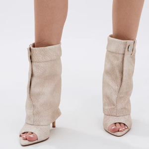 Botines de Mujer con Punta Abierta en Piel Texturizada Beige, con Tacón Alto y Detalle de Mezclilla, <span class=keywords><strong>Botas</strong></span> Modernas y Elegantes - Product Image 3