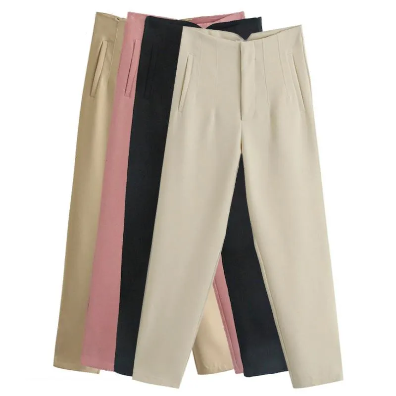 Pantalones de cintura alta para mujer, pantalón de oficina a la moda, color Beige, elegante, informal, para Primavera, 2021