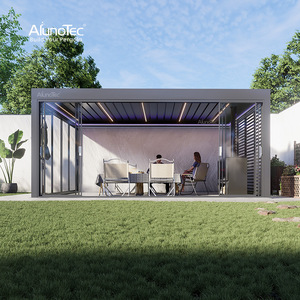 Pergola bioclimatique murale en aluminium avec <span class=keywords><strong>toit</strong></span> à lames orientables électriques, moderne, pour jardin et terrasse - Product Image 1