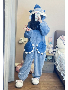 Pyjama <span class=keywords><strong>Kigurumi</strong></span> unisexe à capuche requin dessin animé, en polyester confortable, pour adulte, idéal pour les fêtes costumées et Noël, motif animal - Product Image 1