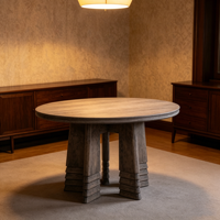 Table basse ronde en bois massif gris délavé avec base géométrique à niveaux, table d'appoint pour salon de ferme, villa, décoration intérieure