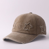Gorra de Béisbol de 6 Paneles de Algodón Puro Certificado, Lavada, con Doble Estrella de Cinco Puntas; Estilo Americano Casual