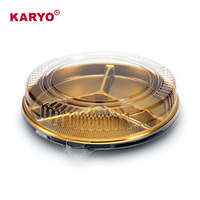 KARYO 251-2/281-2/321-2 Boîte d'emballage ronde à 3 compartiments pour viande fraîche, fruits et légumes, plateau alimentaire doré avec couvercle transparent