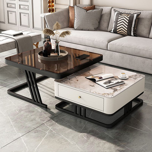 Set di Tavolini da Caffè Moderni di Lusso in Marmo <span class=keywords><strong>e</strong></span> Legno Nero, Design in <span class=keywords><strong>Vetro</strong></span> con Struttura in Metallo Estensibile Multifunzione per Soggiorno - Product Image 4