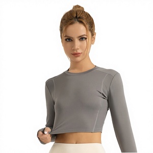 Haut de yoga à manches longues et col montant, séchage rapide, respirant, antibactérien, grande taille, coupe ajustée, en Spandex/Nylon, couleur unie - Product Image 3