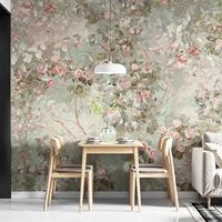 Papier peint mural personnalisable style Art déco vintage, rose rose et feuille verte, nature morte, jardin botanique, décoration de salon et de maison