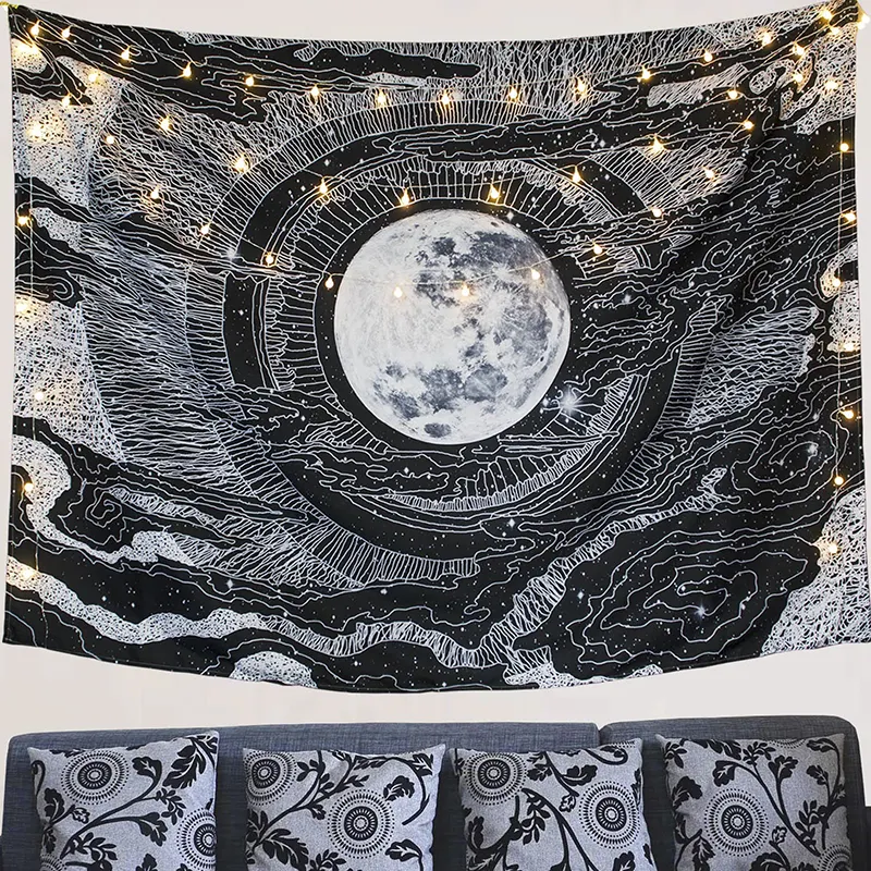 Custom Logo Printed Black And White Moon and Star Tapestry Wall Hanging Wall Art for Bedroom Home Decor