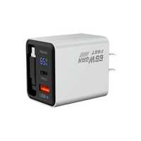 Chargeur GaN à affichage numérique avec cordon rétractable 65W compatible avec les téléphones/tablettes Android ; adaptateur multi-ports USB-A/USB-C