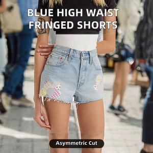 Shorts en jean taille haute délavé à bords effilochés pour femme – Idéal pour l'été et les tenues décontractées - Product Image 2