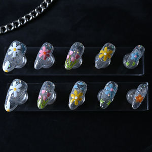 Uñas postizas de acrílico de lujo, cortas, color rosa almendra, cobertura completa, hechas a mano, con pedrería de estrellas, precio de fábrica al por mayor. - Product Image 1