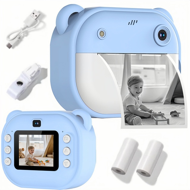 Blue/Pink Multifunction Mini Camera Instant Print, Mini Camera Instant Print Free Camera 2 Sheets of Printing Paper and Lanyard