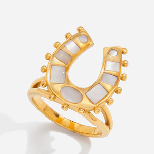 Horseshoe <b>Ring</b> Mother Of Pearl Inlay <b>Titanium</b> Steel Unisex Fashion Jewelry Gift - Product Image 1