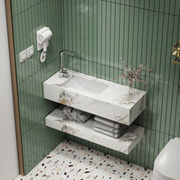 Meuble-lavabo mural étroit en dalle de roche, design moderne, luxe léger, forme rectangulaire, avec lavabo et robinet pour salle de bain