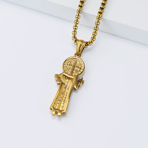 Collier Pendentif Hip Hop Saint Benoît en Zircon, Acier Inoxydable, Bijou <span class=keywords><strong>de</strong></span> Mode Chrétien Catholique pour Hommes - Product Image 2