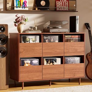 <b>6</b>-Compartment <b>Drawer</b> Style Record Player Stand Built-In Divider Multi-Purpose Mid Vinyl Storage Credenza - Product Image 1