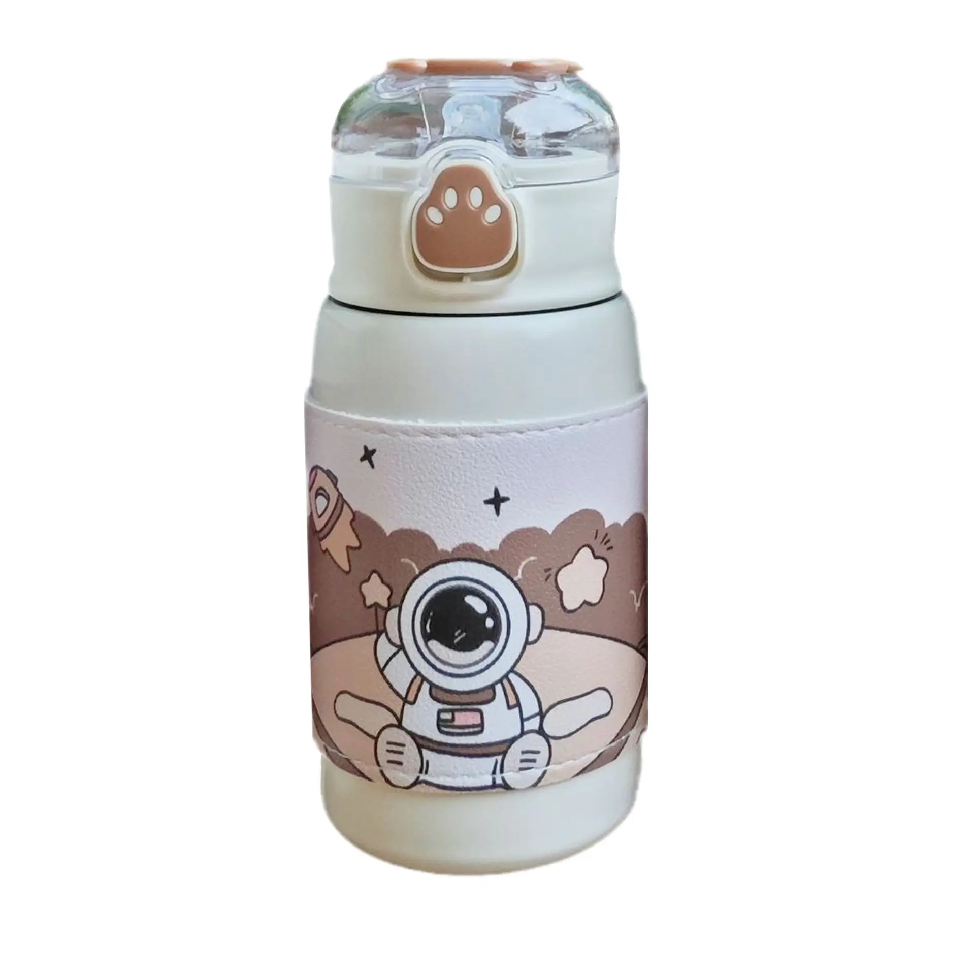 Paille mignonne 400ml dessin animé astronaute bouteille d'eau tasse à vide étudiant étui en cuir portable couvercle de rebond flacon en acier inoxydable