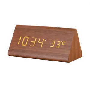 Réveil numérique en bois, triangle en forme de triangle, avec affichage de la température, thermomètre l'heure numérique LED, horloge de bureau ou de soirée, en PVC