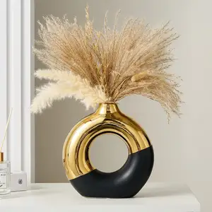 FJS Ceramic Donut Vase, 8#34; L x 8#; H Black and Gold Round for Pampas Grass, Nordic Modern s Decor, Centerpieces Wedding, Bedr
