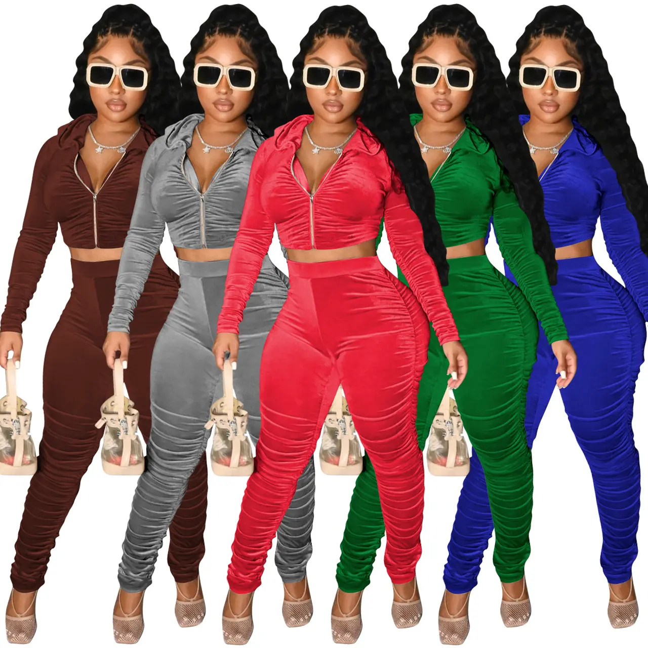 2024 Velour Tracksuit Dây Kéo Áo Crop Top Và Chạy Bộ Xếp Chồng Lên Nhau Quần Đặt Mùa Đông Quần Áo Cho Phụ Nữ Hai Mảnh Thiết Lập Phụ Nữ Quần Áo