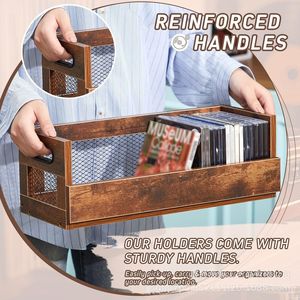 Wooden Record Storage Basket With Handle Rectangle <b>Shelf</b> For Vinyl Cd Dvd <b>Desktop</b> Organization - Product Image 4
