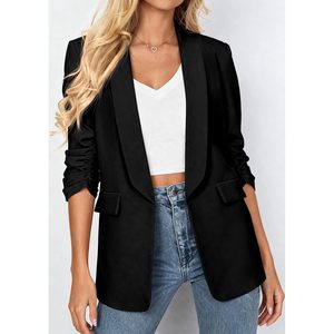 Blazer para Mujer FOXA, Largo Regular, Manga 3/4, Frente Abierto, Fruncido, Chaqueta Ligera para Trabajo, Estilo Casual de Negocios - Product Image 2