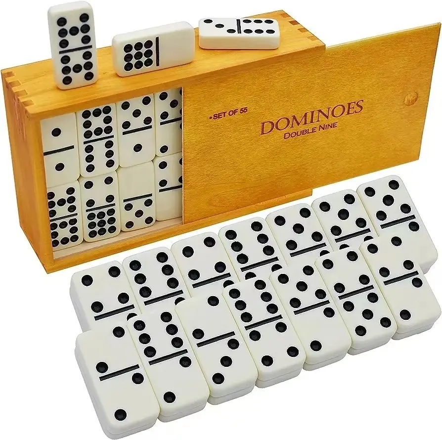 Dominoes Double 9 Set 55 Tiles in Wooden Case for Classic Board Games