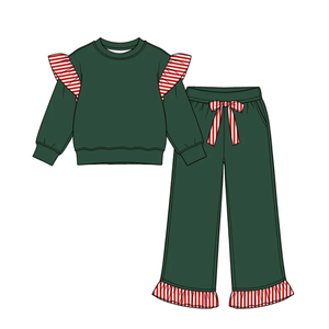 Ensemble en coton pour filles, très tendance : haut à volants contrastants à rayures et pantalon évasé à volants – Tenue deux pièces en coton pour enfants - Product Image 3