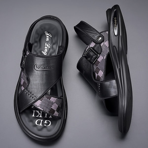 Sandales à enfiler pour homme noires, à porter de deux façons, motif à carreaux, sangle réglable avec boucle, semelle épaisse antidérapante, chaussures décontractées pour l'été - Product Image 3