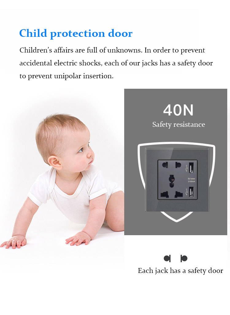 multi-functional grey tempered glass wall socket panel British standard Hong Kong version usb switch wall socket