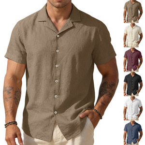 Nuova <span class=keywords><strong>Camicia</strong></span> Estiva da <span class=keywords><strong>Uomo</strong></span> in <span class=keywords><strong>Lino</strong></span> a Maniche Corte con Colletto, Tinta Unita, Traspirante, Ideale per Spiaggia e Attività all'Aperto - Product Image 3