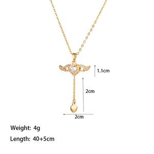 איכות מעולה נירוסטה מצופה זהב 18k שרשרת יהלום אנחל כנפיים ורוד תליון לב רנינסטון ורוד - Product Image 6