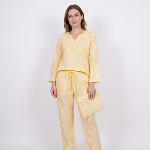 Women's Best Class Stylish Floral Print V-neck Full Length Long Sleeves <b>Pajama</b> Sets 100% Pure Cotton Adjustable Elastic Waist - Product Image 1