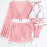 Nieuwe Effen Kleur Cover-Up Mesh Rok Bikini Groothandel Sexy Doorzichtig 4 Stuks Badpak Set Voor Vrouwen