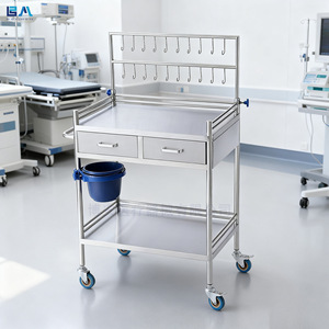 Carrito de infusión de acero inoxidable Boan 660x440x860mm de 2 niveles con ganchos y cubo, carrito de hospital - Product Image 1