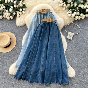 Jupe trapèze rétro en jean avec ceinture tissée pour femme, <span class=keywords><strong>taille</strong></span> haute amincissante, mi-longue, polyvalente, <span class=keywords><strong>grande</strong></span> jupe évasée pour l'été - Product Image 1