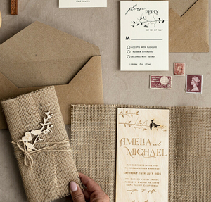 Pine Tree Rustic Wedding Stationery <span class=keywords><strong>Carte</strong></span> d'invitation de mariage en bois élégante en toile de jute naturelle avec cordon de serrage - Product Image 2