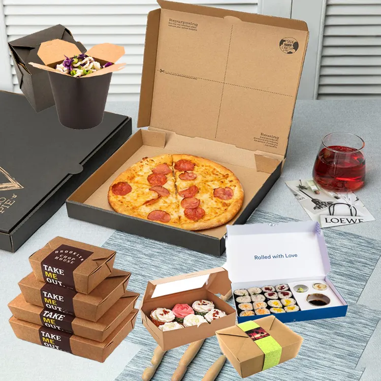 Toptan özel markalı kraft paketleme kutusu restoran catering 30 "33 35" takeaway makarna şehriye pizza kutuları ile pencere