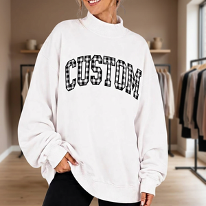 Sudadera Oversize Blanca de Cuello Alto para Hombre con Letras 'Florida', Diseño Personalizado con Letras a Cuadros Buffalo en la Parte Delantera, Estilo Casual de Manga Larga - Product Image 1
