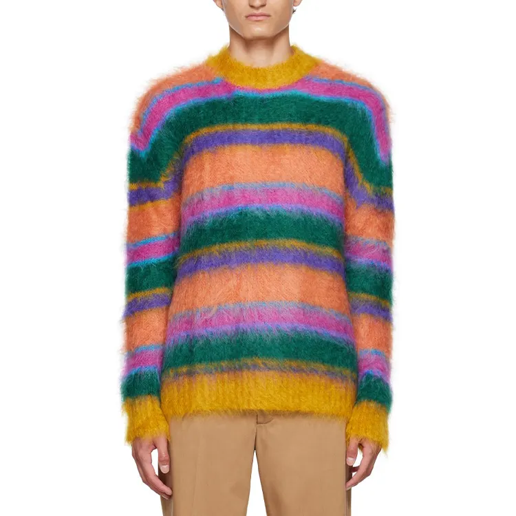 AiNear custom logo essentials fuzzy knitted sweater men stripe crew neck oversized men's mohair wool knitted sweaters