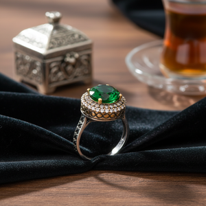 Round Design Zircon Emerald CZ Stone Ottoman Style <b>Dainty</b> Turkish Handmade Wholesale Authentic Silver <b>Ring</b> - Product Image 3