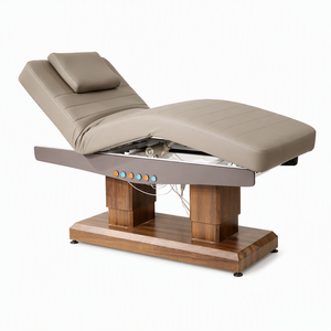 Table de soin électrique réglable beige en cuir matelassé avec poteaux en bois pour spa, massage, soins du visage et salon, commande à 6 boutons - Product Image 2