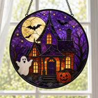 Lanterne Jack-O'-Lantern d'Halloween : Décoration de fenêtre ronde en verre teinté, ornement d'Halloween de 20 cm, lanterne Jack-O'-Lantern faite à la main