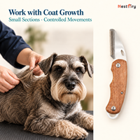 Couteau de toilettage pour chien portable et pliable avec manche en bois naturel et tête en acier inoxydable 3Cr13 pour le démêlage des poils
