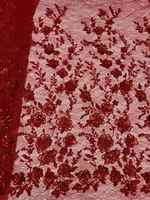 Tissu en Tulle Brodé de Dentelle - Rose Rouge Florale avec Strass et Paillettes pour Confection de Robes de Mariée et Vêtements en Usine (Vente en Gros Usine)