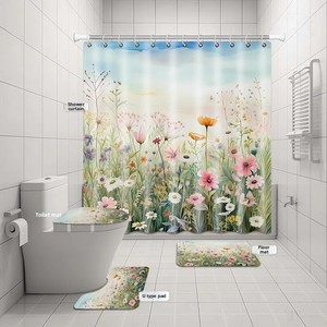 Juego de <span class=keywords><strong>cortinas</strong></span> de baño de cuatro piezas superventas de <span class=keywords><strong>Amazon</strong></span>, cortina de <span class=keywords><strong>ducha</strong></span> impermeable de poliéster con estampado de pradera de flores silvestres de acuarela - Product Image 6