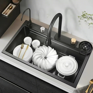 Évier de cuisine multifonction en acier inoxydable 304 avec revêtement nano, cascade, fait main, noir, sans robinet, vente en gros - Product Image 1