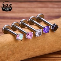 Perhiasan tindik tubuh titanium G23 ASTM F136 empat cabang CZ berulir dalam, kualitas implan, untuk bibir, telinga, dan tubuh.
