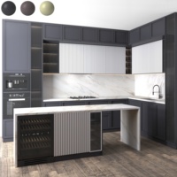Table d'îlot de cuisine en contreplaqué stratifié PA HPL avec comptoir en quartz, mise en valeur du design des armoires