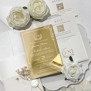 Personal isierte Luxus Gold Spiegel lädt elegante botanische und Goldfolie Tasche Acryl Hochzeits einladungen mit QR-Code RSVP - Product Image 5