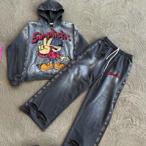 Conjunto Deportivo Vintage Personalizado con Estampado DTG, Chándal con Lavado Ácido, Sudadera con Capucha y Pantalones Deportivos de Pierna Recta y Acampanados para Hombre - Product Image 2